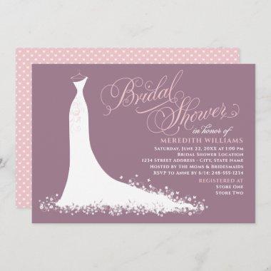 Elegant Mauve Pink Wedding Gown Bridal Shower Invitations