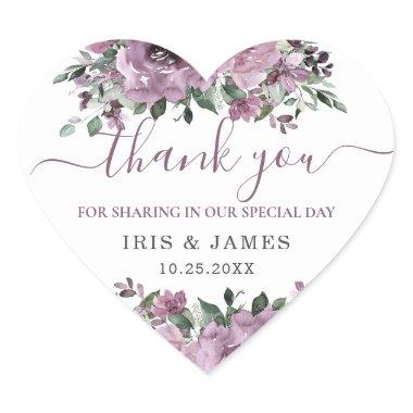 Elegant Mauve Plum Purple Floral Wedding Heart Sticker