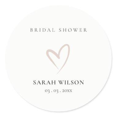 Elegant Minimal Blush Pink Heart Bridal Shower Classic Round Sticker