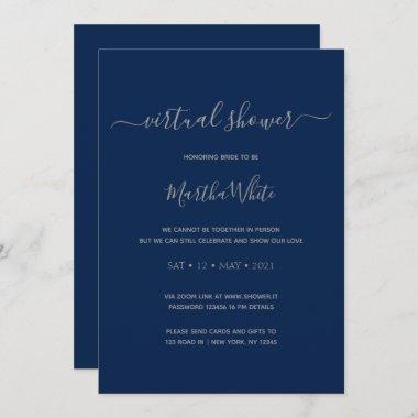 Elegant Minimal Navy Silver Virtual Bridal Shower Invitations