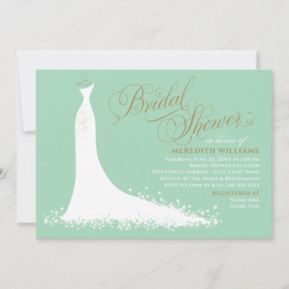 Elegant Mint and Gold Wedding Gown Bridal Shower Invitations