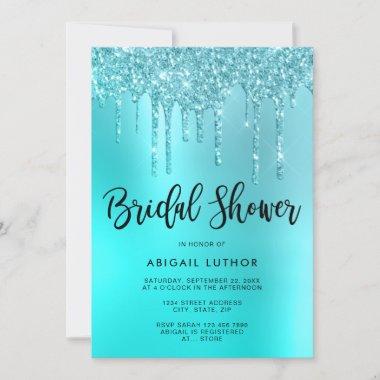 Elegant mint glitter drips bridal shower Invitations