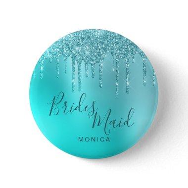 Elegant mint glitter drips bridesmaid button