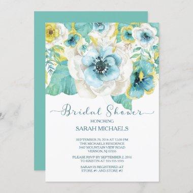 Elegant Mint & Gold Floral Bridal Shower Invitations