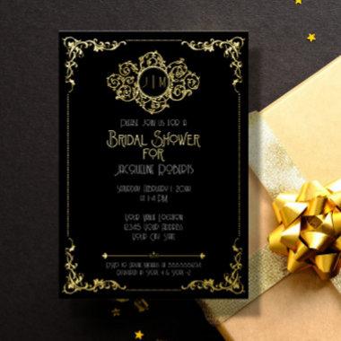 Elegant Modern Art Deco Black Gold Bridal Shower F Foil Invitations