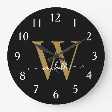 Elegant Modern Black Gold Monogram Name Script Large Clock
