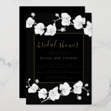 Elegant Modern Classic Orchids Black Bridal Shower Foil Invitations