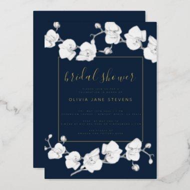 Elegant Modern Classic Orchids Navy Bridal Shower Foil Invitations