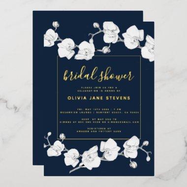 Elegant Modern Classic Orchids Navy Bridal Shower Foil Invitations