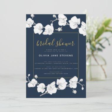 Elegant Modern Classic Orchids Navy Bridal Shower Invitations