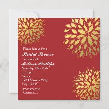 Elegant Modern Gold Foil Floral Dark Red Invite
