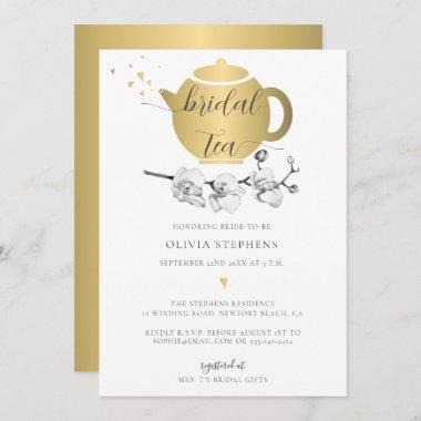 Elegant Modern Gold Pot Hearts Orchid Bridal Tea Invitations