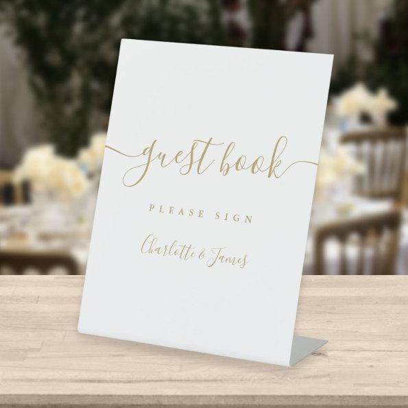 Elegant Modern Gold Signature Script Guest Book Pedestal Sign