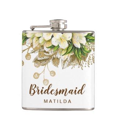 Elegant modern gold white floral bridesmaid flask
