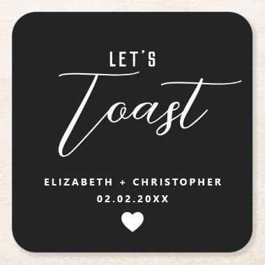 Elegant Modern "Let's Toast" Black White Wedding Square Paper Coaster