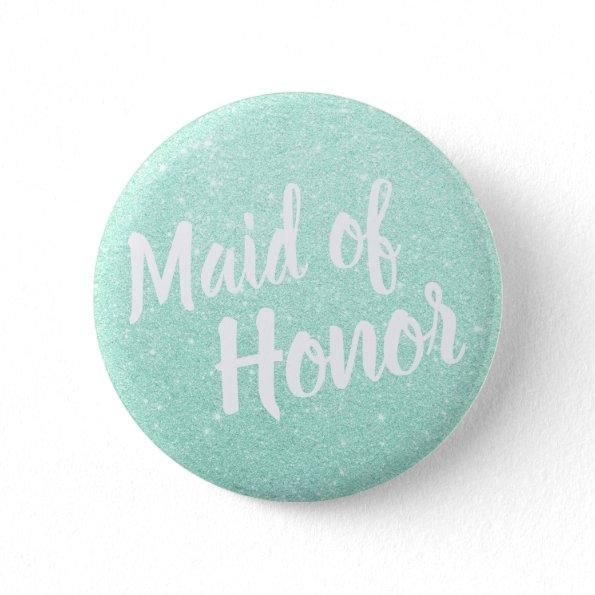 Elegant & modern mint green glitter maid of honor button