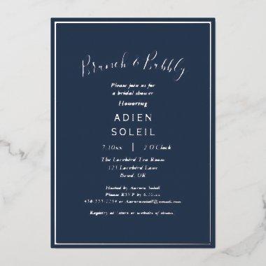 Elegant Modern Navy Silver Brunch and Bubbly Foil