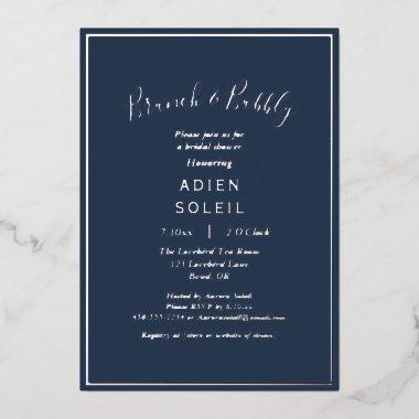 Elegant Modern Navy Silver Brunch and Bubbly Foil Invitations