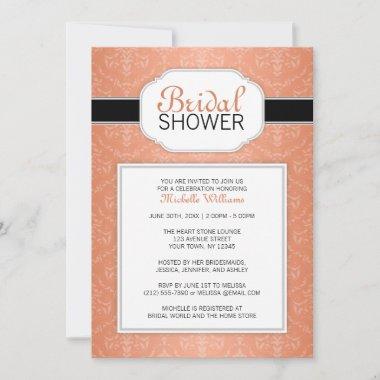 Elegant Modern Orange Damask Bridal Shower Invitations