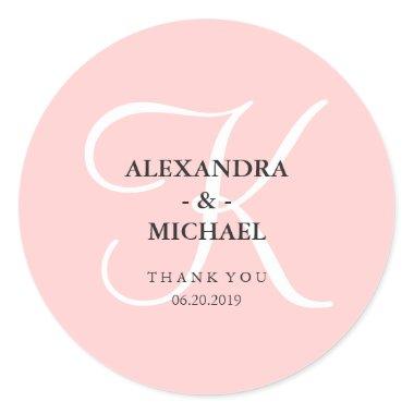 Elegant Modern Pink Monogram and Thank You Classic Round Sticker