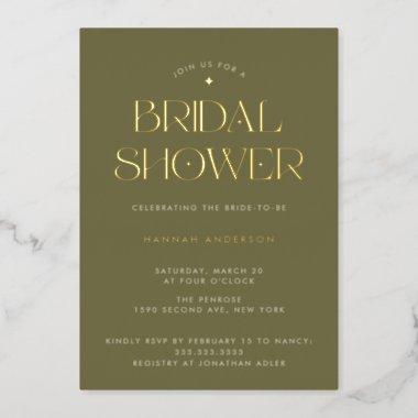 Elegant Modern Sage Green Gold Star Bridal Shower Foil Invitations