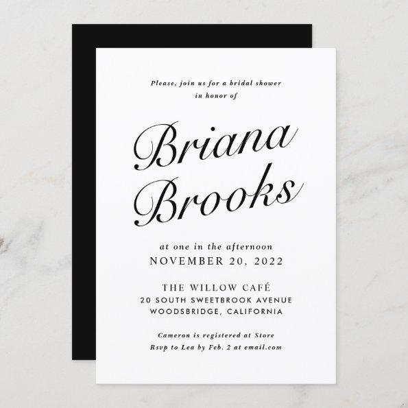 Elegant Modern Script Black & White Bridal Shower Invitations