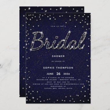Elegant Modern Sparkle Glitter Navy Bridal Shower Invitations