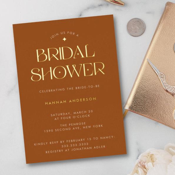 Elegant Modern Terracotta Gold Star Bridal Shower Foil Invitations