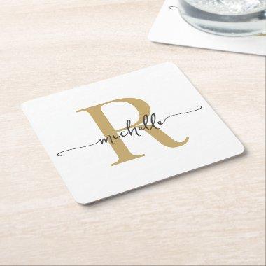 Elegant Modern White Gold Monogram Name Script Square Paper Coaster
