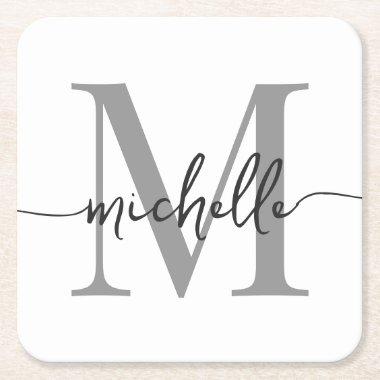 Elegant Modern White Gray Monogram Name Script Square Paper Coaster