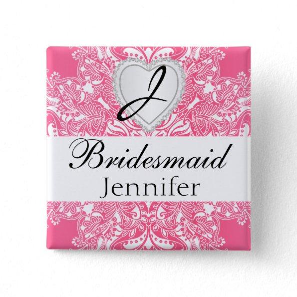 Elegant Monogram Bridal Party Pink Design Button
