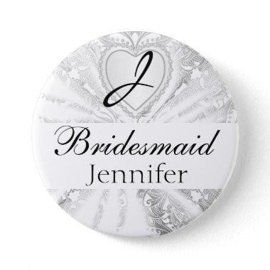 Elegant Monogram Bridal Party White Satin Design Pinback Button
