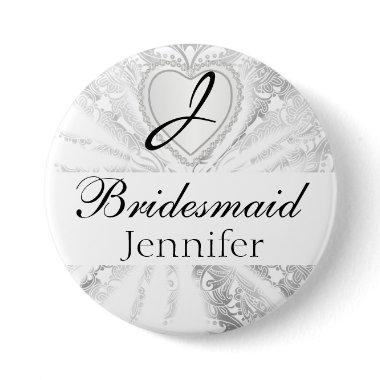 Elegant Monogram Bridal Party White Satin Design Pinback Button