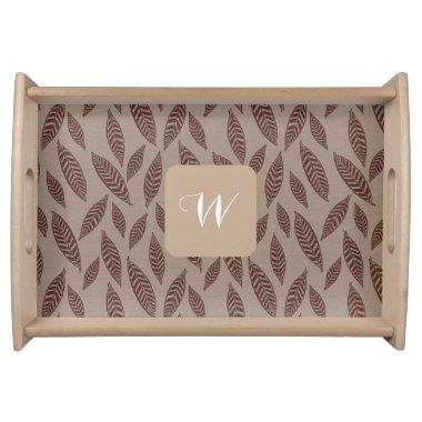Elegant Monogram Cream and Tan Block Print Leaves Serving Tray