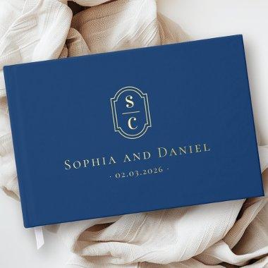 Elegant monogram dark blue wedding names date foil foil guest book