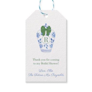 Elegant Monogram Green Bow  Gift Tags