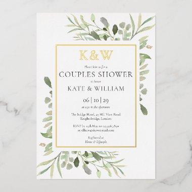 Elegant Monogram Greenery Couples Shower Gold Foil