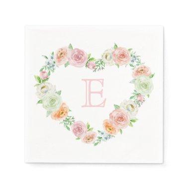 Elegant Monogram Pink Floral Heart Wedding Napkins