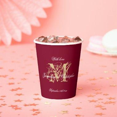 Elegant Monogram Script Burgundy Gold Wedding Paper Cups