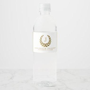 Elegant Monogram With Gold Laurel Wreath Water Bottle Label
