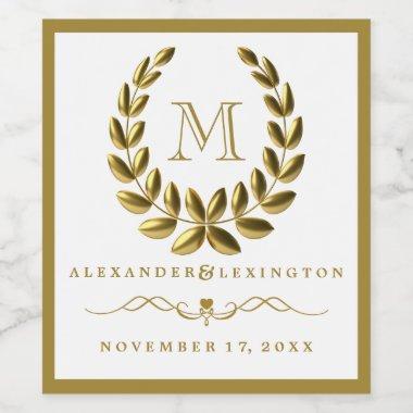 Elegant Monogram With Gold Laurel Wreath Wedding Wine Label