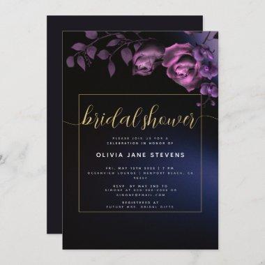 Elegant Moody Black Purple Floral Bridal Shower Invitations