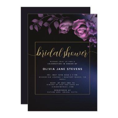 Elegant Moody Black Purple Floral Bridal Shower Invitations