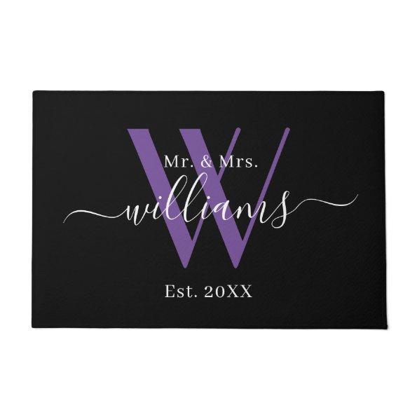 Elegant Mr And Mrs Black Purple Monogram Name Doormat