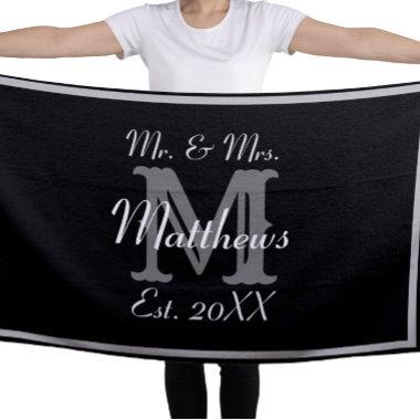Elegant Mr and Mrs Monogram Black Beach Towel