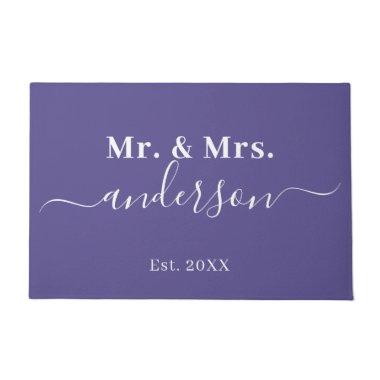 Elegant Mr. And Mrs. Purple Name Script Wedding Doormat