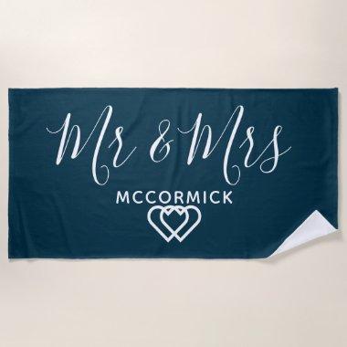 Elegant Mr And Mrs Script Blue Monogram Name Beach Towel