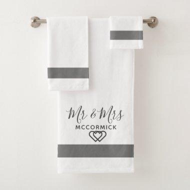 Elegant Mr And Mrs White Grey Monogram Last Name Bath Towel Set