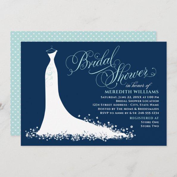 Elegant Navy and Aqua Wedding Gown Bridal Shower Invitations