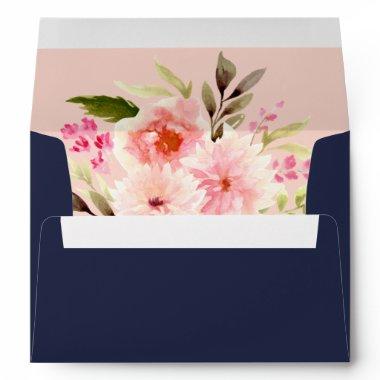 Elegant Navy and Blush Floral Watercolor Wedding Envelope